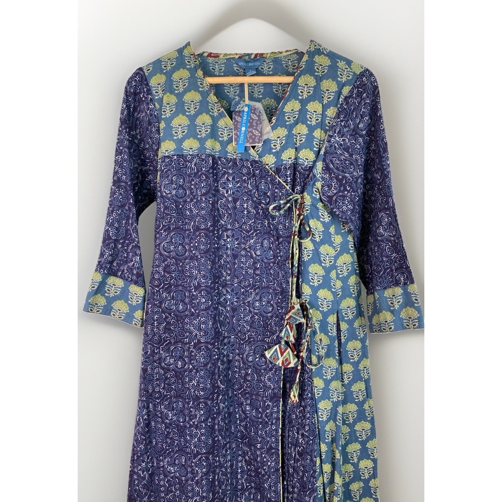 NWT April Cornell Women's S Natural Dye Indigo Limestone Ochre Floral Wrap Dress